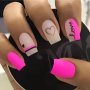 24PCS Short Square False Nails Neon Pink With Red Heart & Letter Design Includes Jelly Glue & Nail File For Music Festival