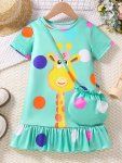 Girls Colorful Polka Dot Giraffe Print Short Sleeve Ruffle Hem Going Out Dress & Bag For Summer