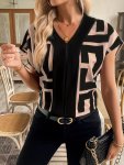 Geo Print V Neck Loose Blouse Young Short Sleeve Blouse For Spring & Summer Women's Clothing