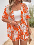 Plus Size Leaf Print Two-piece Set Casual Crew Neck Short Sleeve Top & Shorts Outfits Women's Plus Size Clothing