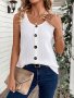 Ribbed Fake Buttons Crew Neck Tank Top Casual Sleeveless Top For Spring & Summer Women's Clothing