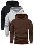Men's 3-PACK Set Of Solid Hooded Long Sleeve Fleece Sweatshirts With Kangaroo Pocket Spring And Fall Trendy Hoodies For Daily Ou