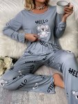Women's Cute Cartoon Koala & Letter Print Pajama Set Long Sleeve Round Neck Top & Pants Comfortable Relaxed Fit For Fall