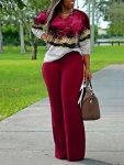 All Over Print Two-piece Set V Neck Long Sleeve Top & Wide Leg Pants Outfits Women's Clothing