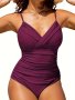 Women's One-piece Swimsuit Sexy Solid Color Cross Front Ruched Slim Fit Conservative Style Bathing Suit Swimwear