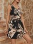 Tropical Print V-neck Sleeveless Tie-waist Dress - Polyester Blend Fit And Flare Style With Trapeze Hem Elegant Vacation Wear For All Seasons