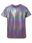 Trendy Holographic Tee Tops Boy's Round Neck Casual Short Sleeve Comfortable Soft Versatile T-Shirt