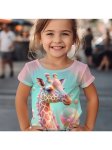 Girls Cute Giraffe Graphic Crew Neck Short Sleeve T-Shirt For Summer