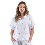 Embroidered Sequin Flower Linen Shirt - White L