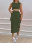 Solid Casual Two-piece Set Sleeveless Tank Top & Drawstring Split Skirts Outfits Women's Clothing