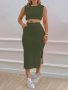 Solid Casual Two-piece Set Sleeveless Tank Top & Drawstring Split Skirts Outfits Women's Clothing