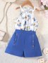 Sweet Girls 2pcs Heart Graphic Hater Neck Sleeveless Top + Solid Button Decor Shorts Set For Summer Valentine's Day Gift