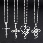 3PC Elegant Stainless Steel Faith Necklace Set Cross & Love Heart Shape "faith-love-amazing Grace-god" Lettering Pendants Religi