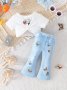 Baby Toddler Girls Letter And Butterfly Print Button Crop Top + Denim Print Flared Pants 2PCS Casual Stylish Outfits