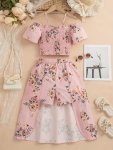 2PCS Girl's Off-shoulder Suspender Blouse Top + Asymmetric Skort Boho Floral Summer Set Girls Outfit