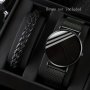 2 Pcs Black Round Quartz Watches Pu Leather Strap Plastic Dial And Bracelet Gifts For Women Men