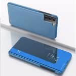For Samsung Galaxy S21 Fe Plated Mirror Horizontal Flip Leather Case With Holder Blue