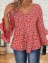 Plus Size All Over Print V Neck Blouse Elegant Ruffle Cuff Long Sleeve Blouse For Spring & Fall Women's Plus Size Clothing