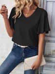 Solid Color V-neck Simple Blouse Elegant Flutter Sleeve Blouse For Spring & Summer Women's Clothing