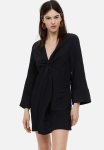 Textured-weave Knot-detail Dress - Black