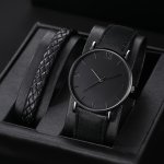 2PCS SET Men's Black Pu Strap Simple Casual Quartz Watch & Pu Leather Rope Bangle Set
