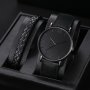 2PCS/SET Men's Black Pu Strap Simple Casual Quartz Watch & Pu Leather Rope Bangle Set