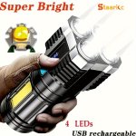 Staaricc 1PC LED Flashlight USB Rechargeable LED Flashlight With Cob Side Light Powerful With 4 Modes For Camping And Outdoor Ac