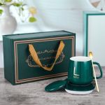 Luxury Pink Ceramic Coffee Mug Gift Set With Matching Lid Gold Spoon & Electric Cup Warmer