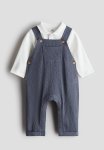 2-PIECE Bodysuit And Dungaree Set - Dusty Blue white