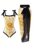 Golden Tone Lion Print Elegant 2 Piece Swimsuits Bowknot Shoulder Stretchy One-piece Bathing-suit & Mesh Cover Up Skirt Women's
