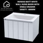 Rowan Matt White Wall Hung Basin & Single Drawer Vanity - 600MM
