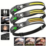 1PC Rechargeable 230 Wide-beam LED Headlamp With Gesture Control Lightweight With Adjustable Strap 3 Color Modes Waterproof For