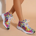 Women's Graffiti Print High-top Lace-up Sneakers Reflective Safety Straps Detail Sneakers Women's Footwear