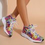 Women's Graffiti Print High-Top Lace-Up Sneakers Reflective Safety Straps Detail Sneakers Women's Footwear