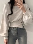 Solid Color Crew Neck Pullover Sweater Y2K Long Sleeve Button Decor Knitted Sweater For Fall & Winter Women's Clothing