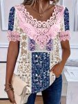 Plus Size Floral Print Lace Stitching T-Shirt Casual Short Sleeve Crew Neck Top For Spring & Summer Women's Plus Size Clothing