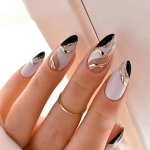 24PCS Glossy Medium Almond Fake Nails Black White And Golden Glitter Ripple Swirl With Design Press On Nails Minimalist Style Fa