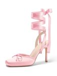 Coutgo Womens Ballet High Heels Satin Closed Square Toe Ballerina Heels Lace Up Bow Pumps Prom Shoes Pink Size 10