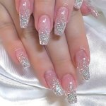 24PCS Glossy Medium Square Fake Nails Tender Pinkish Press On Nails With Silvery Shiny Sequin Design Sparkling Full Cover False