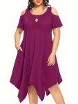 Plus Size Solid Cold Shoulder Asymmetrical Hem Dress Casual Pocket Short Sleeve Crew Neck Dress For Spring & Summer Women's Plus