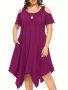 Plus Size Solid Cold Shoulder Asymmetrical Hem Dress Casual Pocket Short Sleeve Crew Neck Dress For Spring & Summer Women's Plus Size Clothing