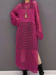 Plus Size Hollow Out Crew Neck Cover Up Dress Sexy Split Hem Long Sleeve Midi Dress For Spring & Summer Women's Plus Size Clothi