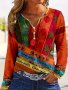 Ethnic Print Notched Neck T-Shirt Vintage Long Sleeve T-Shirt For Spring & Fall Women's Clothing