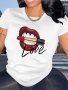 Red Lip With Lipstick & Letter Print Comfy T-Shirt Round Neck Short Sleeve Sports Tee Women's Activewear