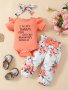 2PCS Baby Girls Letter Print Short Sleeve Triangle Romper + Big Bow Floral Print Trousers With Headscarf Three-piece Set