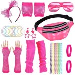 80’S Neon Party Accessory Set – Headband Waist Bag Earrings & Fishnet Gloves
