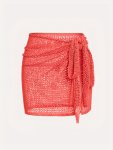 Solid Hollow Tie Front Knitted Skirt Vacation Beach Wear Skirt For Spring & Summer Women's Clothing