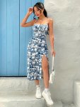 Floral Print Spaghetti Strap Dress Vacation Style Sleeveless Split Hem Cami Dress For Spring & Summer Women's Clothing