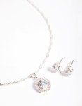 Silver Cubic Zirconia Twist Round Diamante Earrings & Necklace Set