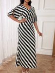 Striped V-neck Dress Elegant Short Sleeve Slim Mermaid Hem Ankle Length Dress For Spring & Summer Women's Clothing